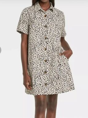 Who What Wear Button Front Small Leopard Print Shirt Dress Cream & Black